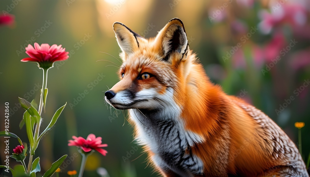 Wall mural Elegant red fox exploring a vibrant spring garden