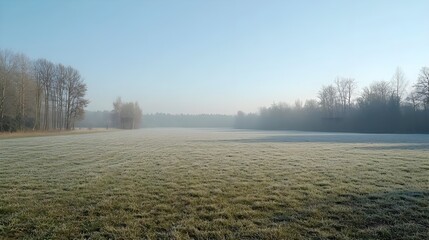 A serene winter landscape showcasing a frosty field under a clear blue sky, evoking a peaceful and tranquil morning atmosphere.