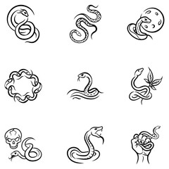 Fototapeta premium Icon collection of snake illustrations in various designs, black and white on a light background, copy space 