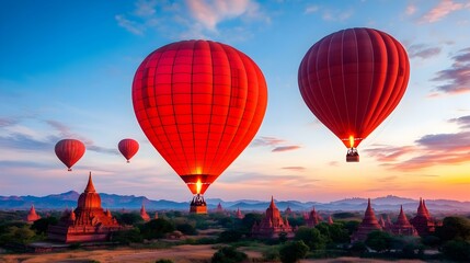 Obraz premium Vibrant Hot Air Balloons Over Scenic Landscape at Sunset