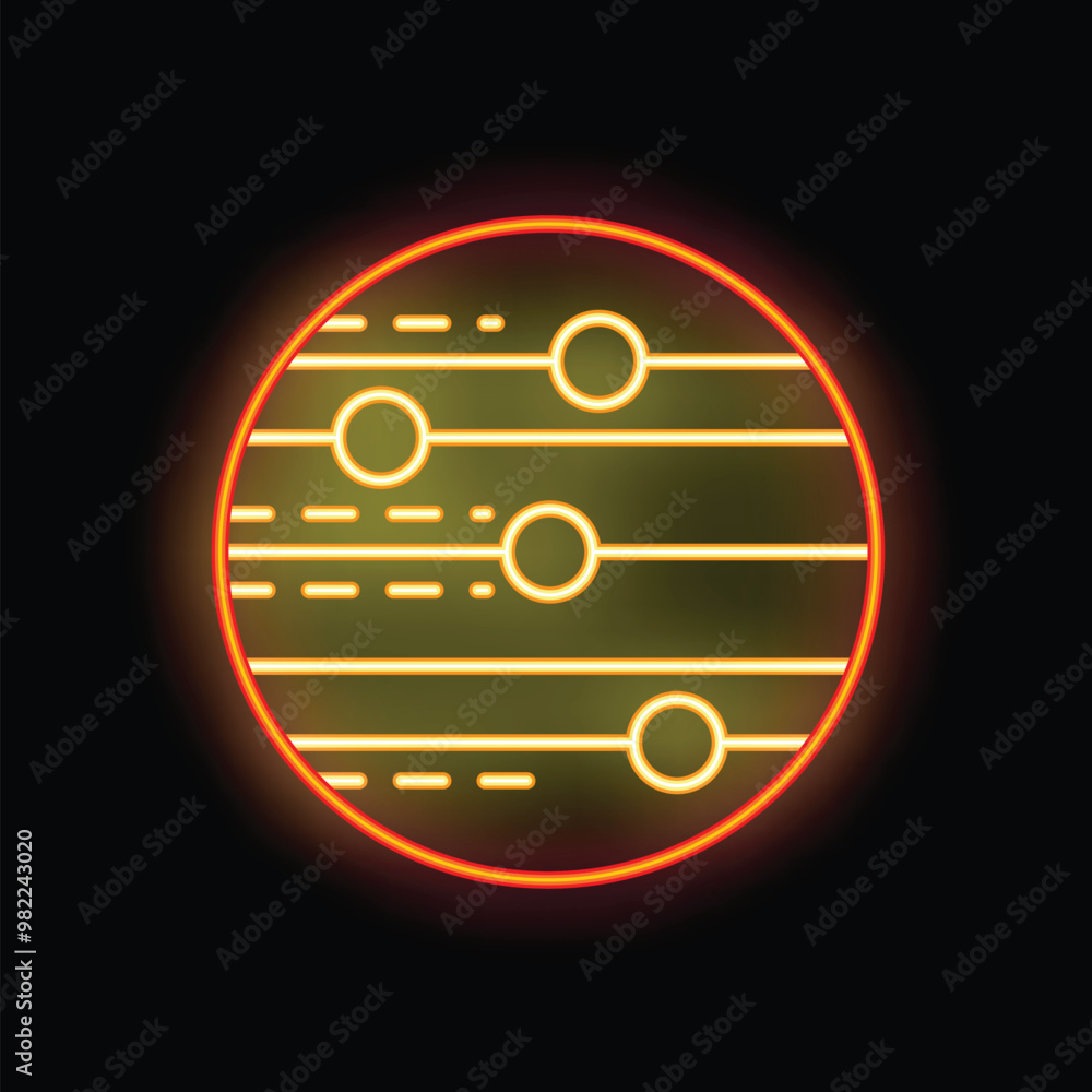 Poster glowing neon icon depicting data processing, with lines and circles moving within a circular shape, 