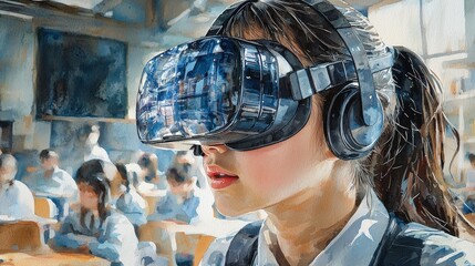 A detailed view of a school girl with a VR headset on, her expression reflecting a mix of excitement and concentration, as she delves into a virtual learning experience, with the traditional