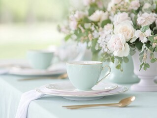 Elegant Table Setting Featuring a Delicate Cup and Saucer, Surrounded by Soft Linens and Tasteful Decor for a Cozy Dining Experience