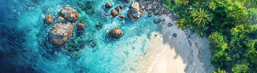 A vivid aerial view of a tropical beach scene, where the interplay of rugged rocks and the sparkling, crystal-clear water forms a captivating mosaic against the backdrop of soft, white sands.