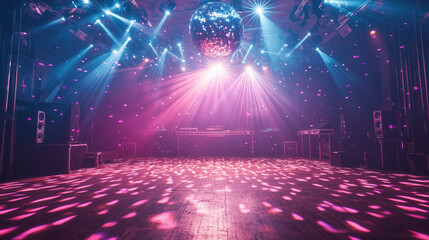 A vibrant night club scene featuring a spacious dance floor illuminated by colorful spotlights and a dazzling mirror ball, perfect for an unforgettable party.