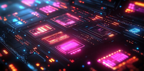 Obraz premium Abstract glowing circuit board with neon pink, red, and blue light.