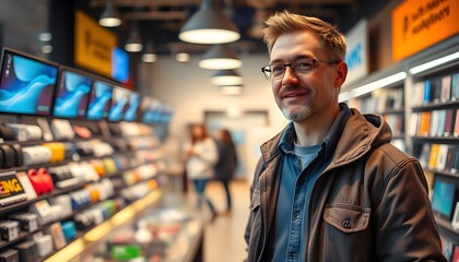 Fototapeta premium Man in a brown jacket shopping at an electronics store