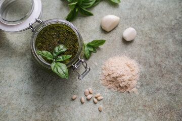 Vegan Pesto sauce with deactivated yeast. Dairy free Pesto sauce