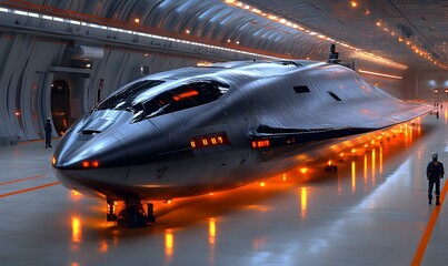 Fototapeta premium Futuristic Sleek Dark Ship in High-Tech Hangar
