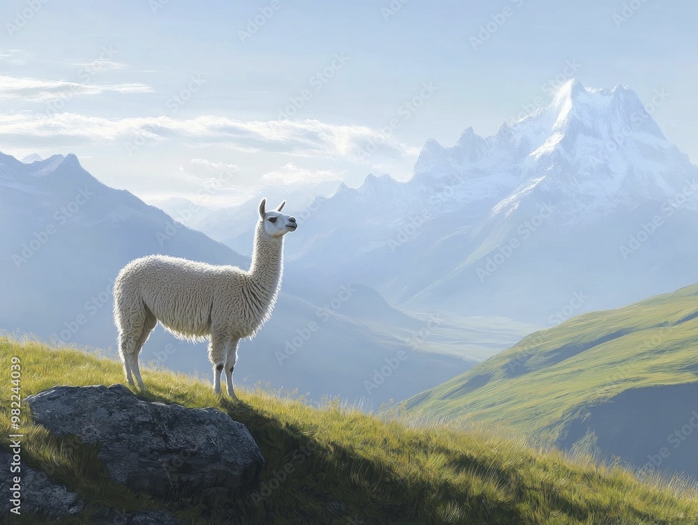 Sticker Lone Llama Standing Majestically on a Rolling Hill Under a Clear Blue Sky, Showcasing the Beauty of Nature and Tranquility in the Great Outdoors