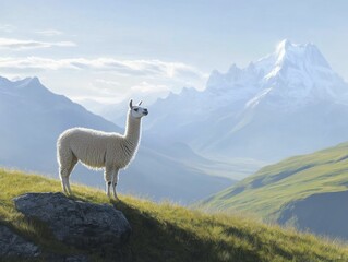 Fototapeta premium Lone Llama Standing Majestically on a Rolling Hill Under a Clear Blue Sky, Showcasing the Beauty of Nature and Tranquility in the Great Outdoors