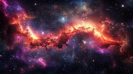 Obraz premium A vibrant, cosmic nebula with swirling clouds of red, orange, and pink gas, illuminated by a scattering of bright stars against a dark, starry backdrop.