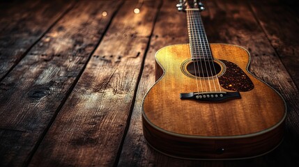 Fototapeta premium Acoustic Guitar Resting on Weathered Wooden Floor