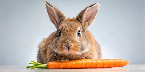 A brown bunny rabbit nibbles on a large orange carrot, its bright brown eyes shining with wonder as