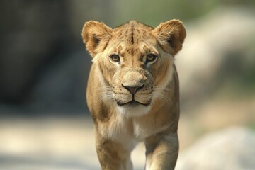 Obraz premium Majestic Lion Striding Confidently on a Rocky Outcrop Against a Natural Backdrop, Showcasing the Power and Grace of Wildlife in Their Natural Habitat
