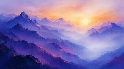 Obraz premium A painting depicting a hazy mountain range at sunset with the sun setting in the distance.