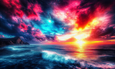 Dynamic ocean scene with vibrant sunset, swirling clouds, and crashing waves