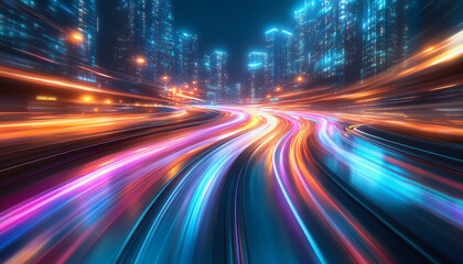 Obraz premium City streets with neon lights, dynamic motion blur, and colorful light trails at night
