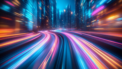 City streets with neon lights, dynamic motion blur, and colorful light trails at night