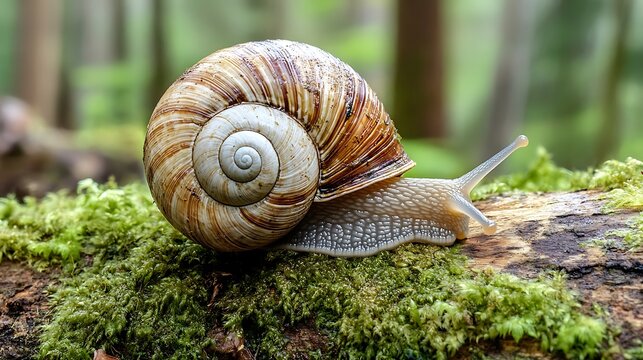 A close-up of a snail on a mossy log, showcasing its spiral shell and delicate body against a tranquil forest background.