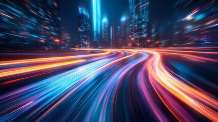 Obraz premium City streets with neon lights, dynamic motion blur, and colorful light trails at night