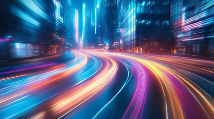 Obraz premium City streets with neon lights, dynamic motion blur, and colorful light trails at night