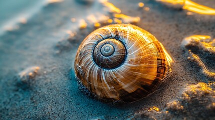 A beautifully spiraled seashell rests on the sand, glistening under warm sunlight, showcasing intricate patterns and textures.