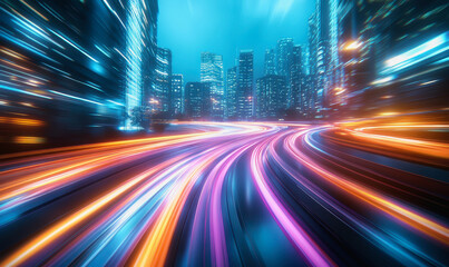 Obraz premium City streets with neon lights, dynamic motion blur, and colorful light trails at night
