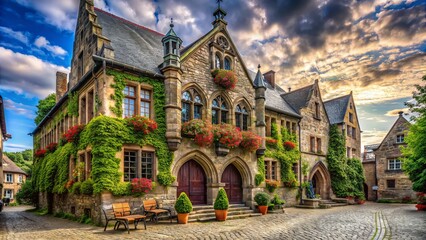 "Rusty town hall with weathered stonework, ornate windows, and Gothic arches, surrounded by lush greenery and winding cobblestone streets."
