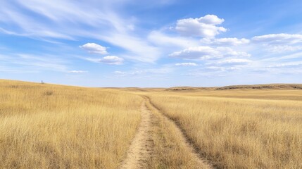 Obraz premium Serene Landscape of a Sunlit Field with a Meandering Dirt Path Leading Through Lush Green Grass Under a Clear Blue Sky, Evoking a Sense of Peaceful Tranquility and Natural Beauty