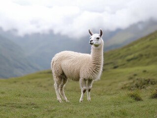 Fototapeta premium Serene Pastoral Scene Featuring a Sheep Grazing in a Lush Green Field Under a Clear Blue Sky, Capturing the Tranquility of Rural Life and Natures Beauty