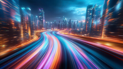 Fototapeta premium City streets with neon lights, dynamic motion blur, and colorful light trails at night