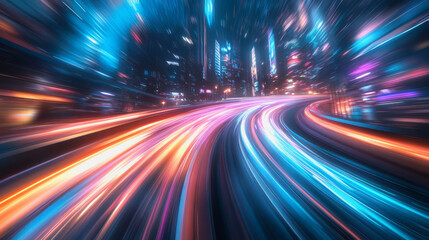 Obraz premium City streets with neon lights, dynamic motion blur, and colorful light trails at night
