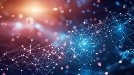 Abstract tech digital blue red background with network lines and dots connecting in dynamic pattern. Modern cyber technology, data networks, ai, futuristic design