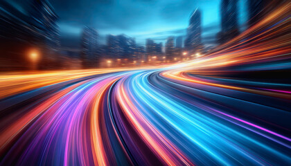 Obraz premium City streets with neon lights, dynamic motion blur, and colorful light trails at night