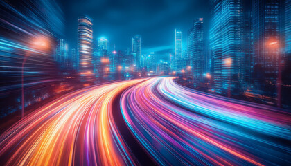 Obraz premium City streets with neon lights, dynamic motion blur, and colorful light trails at night