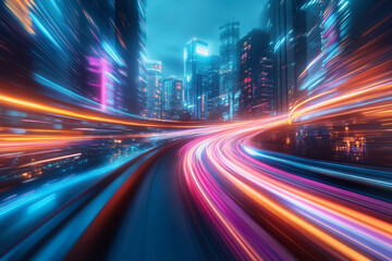 Fototapeta premium City streets with neon lights, dynamic motion blur, and colorful light trails at night