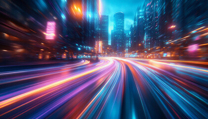 City streets with neon lights, dynamic motion blur, and colorful light trails at night