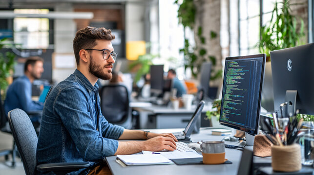 Programmer at a computer: A young specialist working at a computer, writing code