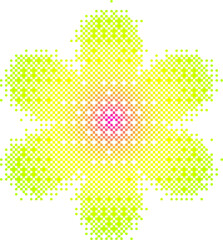 Pixel pattern flower shape. Textured daisy with bitmap Y2k dither gradient. Retro with old computer game graphic effect. Halftone illustration