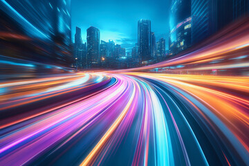 Fototapeta premium City streets with neon lights, dynamic motion blur, and colorful light trails at night
