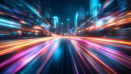 Obraz premium City streets with neon lights, dynamic motion blur, and colorful light trails at night