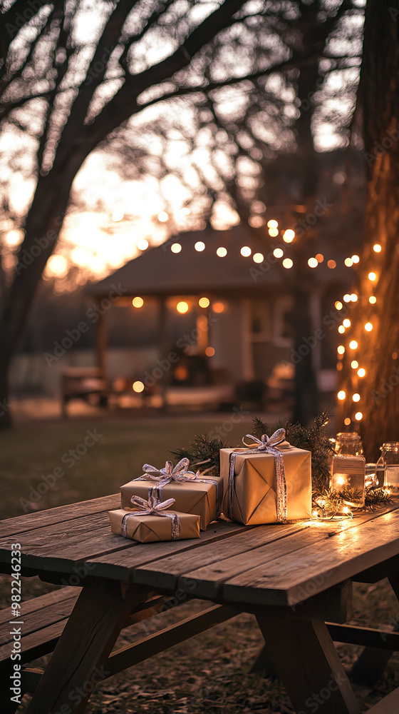 Poster Festive Outdoor Gift Exchange with Friends Under String Lights