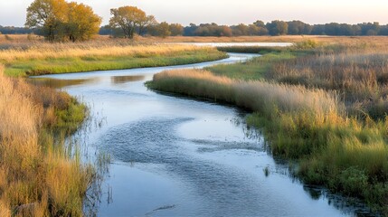 A tranquil river winding through lush fields at sunset, creating a serene landscape perfect for nature lovers and photographers.