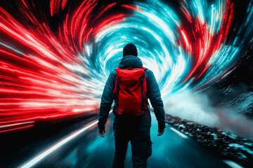 Obraz premium Lone traveler in a vortex of red and blue light on a futuristic journey