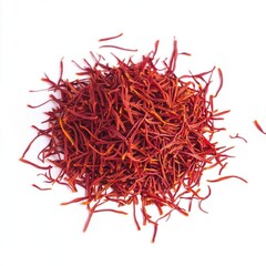 Naklejka premium A close-up of a pile of dried saffron threads on a white background.