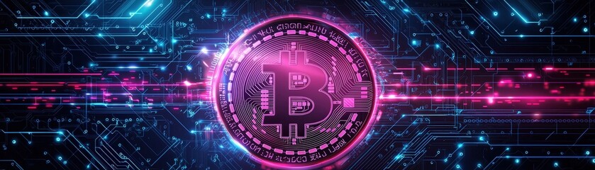 Obraz premium A vivid backdrop with a blend of purple, pink, and blue gradients and a central Bitcoin emblem, creating a modern and attractive design with ample space for adding promotional or informational text.