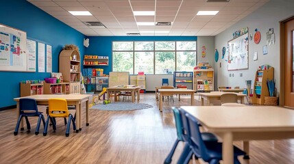 Empty Classroom with Colorful Furniture and Bookshelves