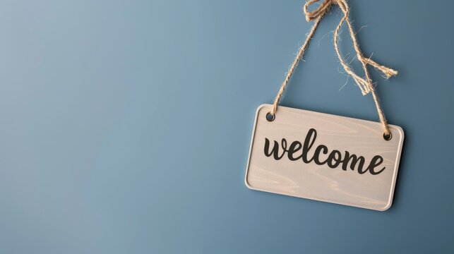 welcome paper tag on clean blue background