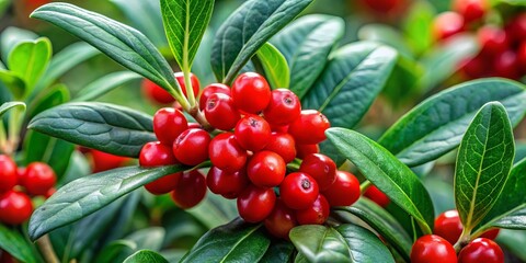 Obraz premium A close-up shot of the goumi berry plant reveals lush, dark green leaves with a glossy finish and